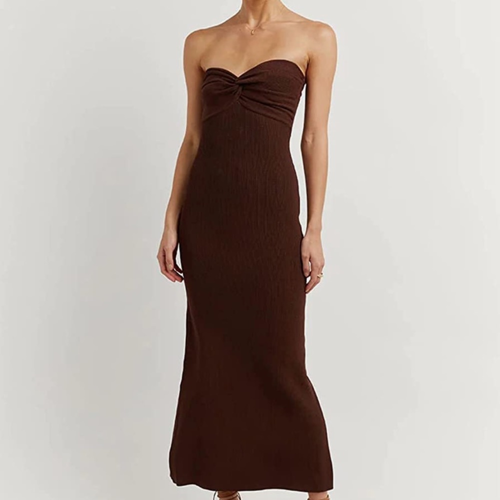 Twist Front Ribbed Knit Bandeau Strapless Dress